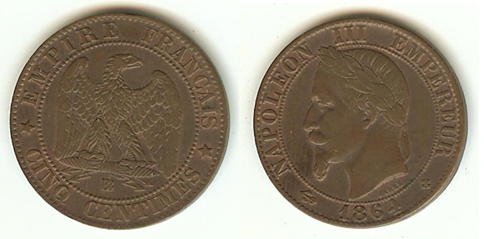 5 centimes Napoleon III 1864BB Strasbourg gVF/gEF